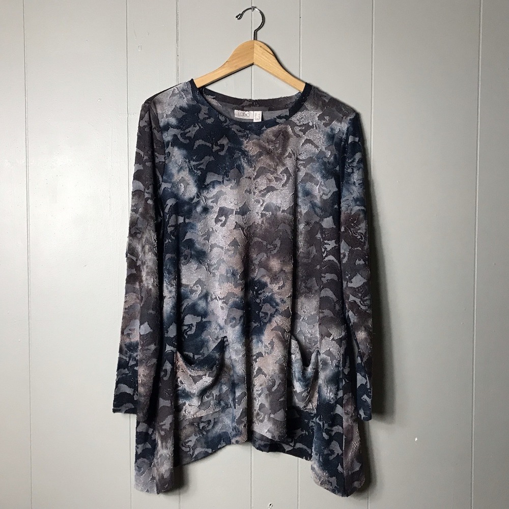 LOGO LORI GOLDSTEIN JACQUARD TIE-DYE LONG SLEEVE TUNIC W/POCKETS WOMENS LARGE